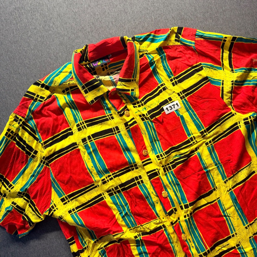 Jams World Mens Medium Abstract Plaid Rayon Button Down Shirt Red Yellow Multi